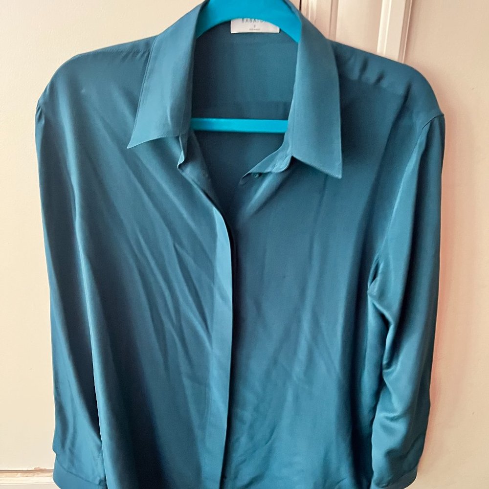 Aritzia Teal Satin Button-Up Blouse